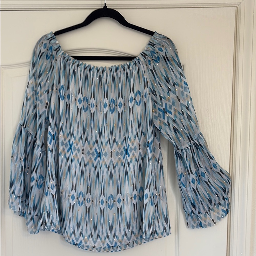 White House Black Market Bohemian Charm  Blue and White Relaxed Ruffled Blouse